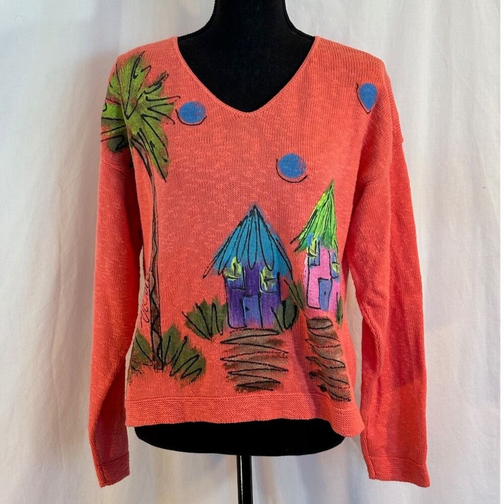 VTG Made in USA Victoria Pullover Knit Top Hand Painted Tropical Scene Cotton OS